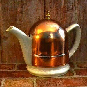 Vintage Baker Hart And Stuart White Teapot With Copper Cozy Rustic Country Charm